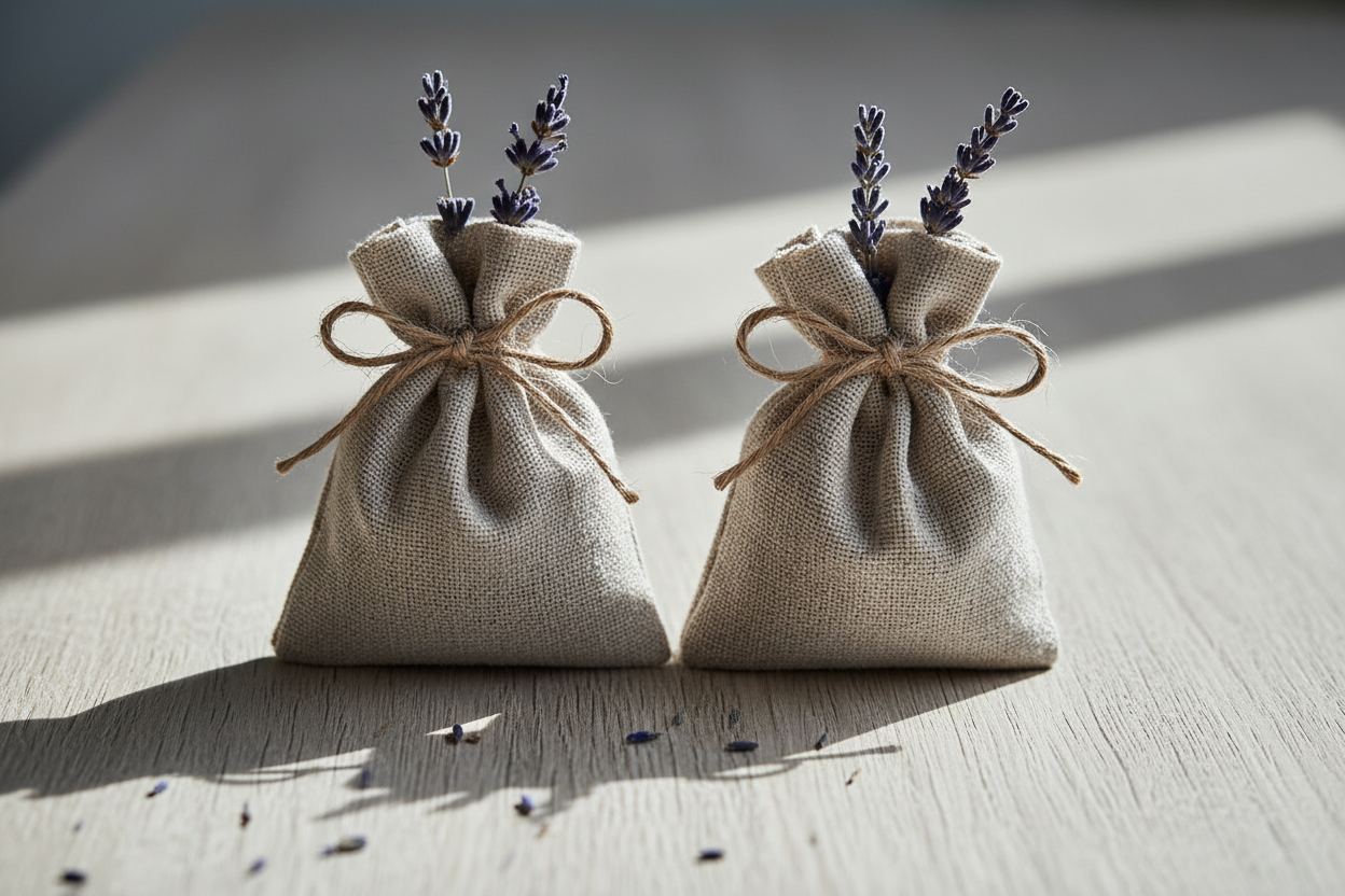 “Create high-quality product photos of two small linen scented sachets filled with dried lavender. The sachets should look handmade with natural linen texture and tied with simple cord. Capture the sachets from various angles (front, side, top-down, and 45°). Include variations where they are placed on different surfaces such as a wooden table, marble countertop, soft fabric, or a clean studio background. Use soft, natural lighting, sharp focus, realistic shadows, and a clean minimalistic aesthetic.Greycolo